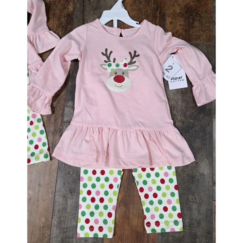 NWT Pink, Red, Green Holiday Reindeer Christmas Ruffle Outfit Girls 12m